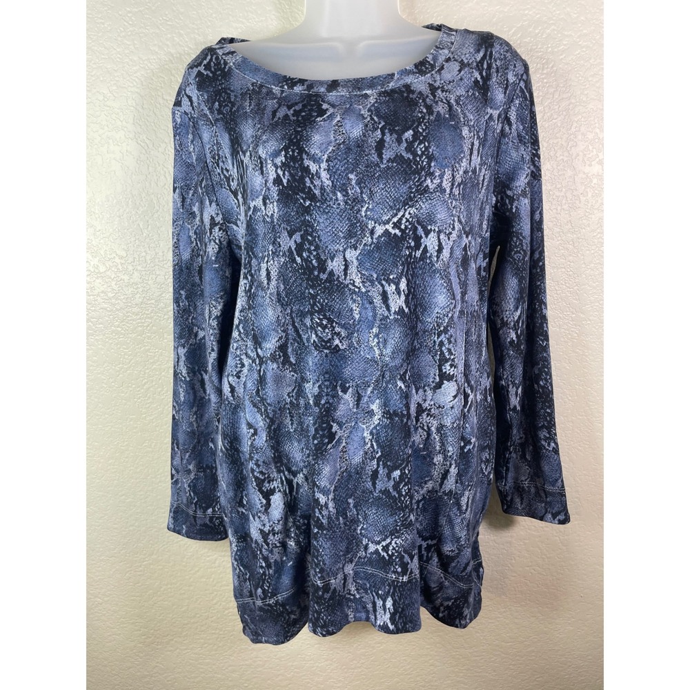 Chicos 2 US Large Tunic Blue Grey Snakeskin Print Pima Cotton Long Sleeve Top